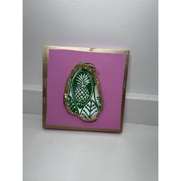 Original HandPainted Oyster Art 5x5 Wooden Block Pink Green Pineapple Lilly - Picture 7 of 8